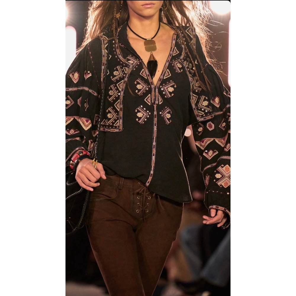 Isabel Marant Zeille Black Embroidered Sequin Puff Sleeve Blouse Split Neck Top